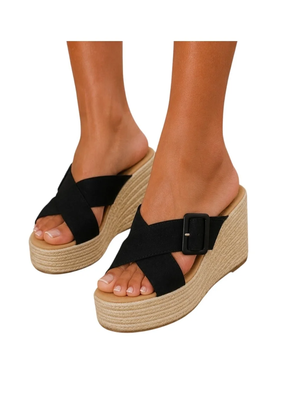 Soda Black Espadrille Platform Wedge Slide Sandals Sz 7.5 CrissCross Buckle Boho